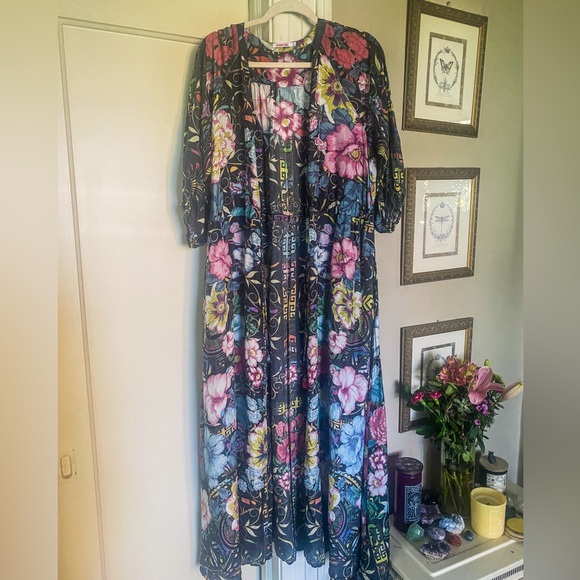 JOHNNY WAS-SILK Duster/Kimono/ Bishop Sleeve Maxi Sundress ( L) - Picture 1 of 7